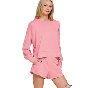 Zenana Scuba Long Sleeve Sweatshirt & Short Set Dark Pink NEW